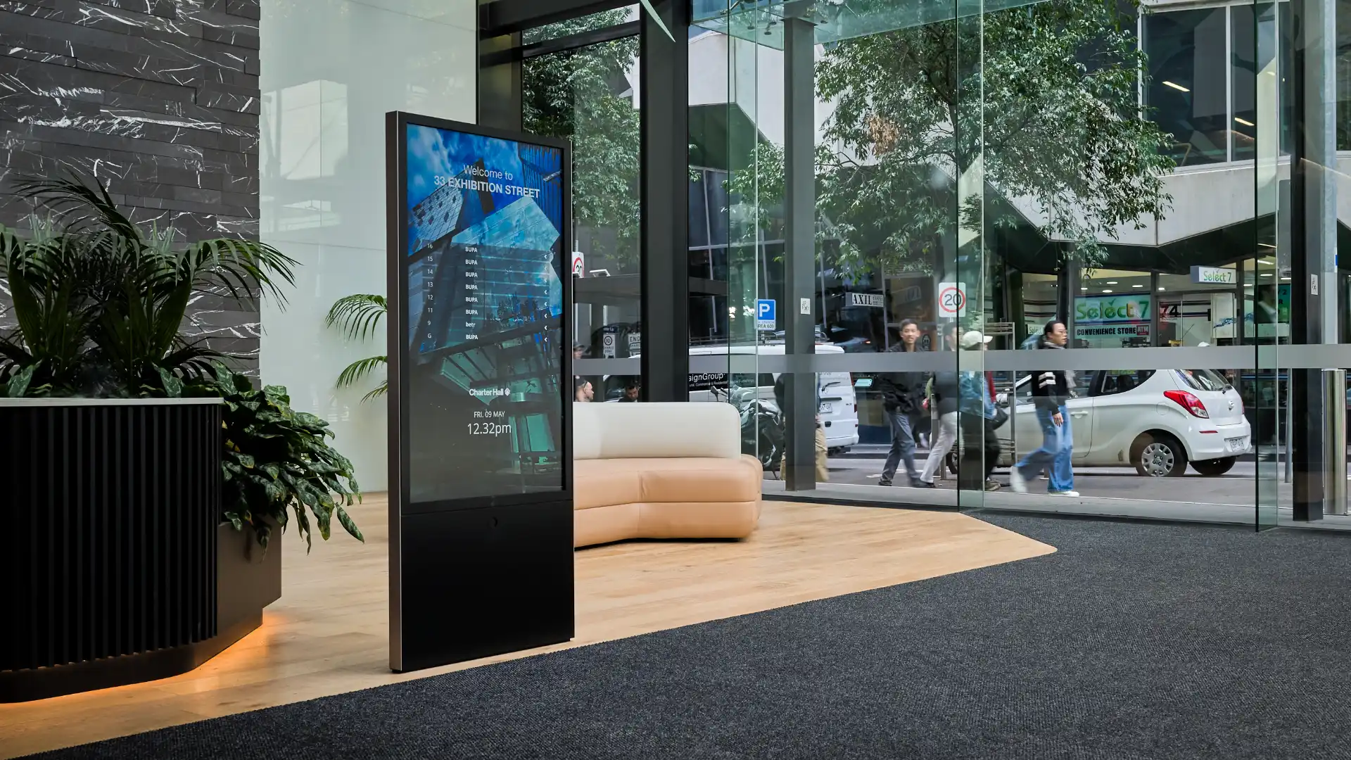 Freestanding Digital Tenant Directory in the large light filled foyer of 33 Exhibition Street Melbourne.