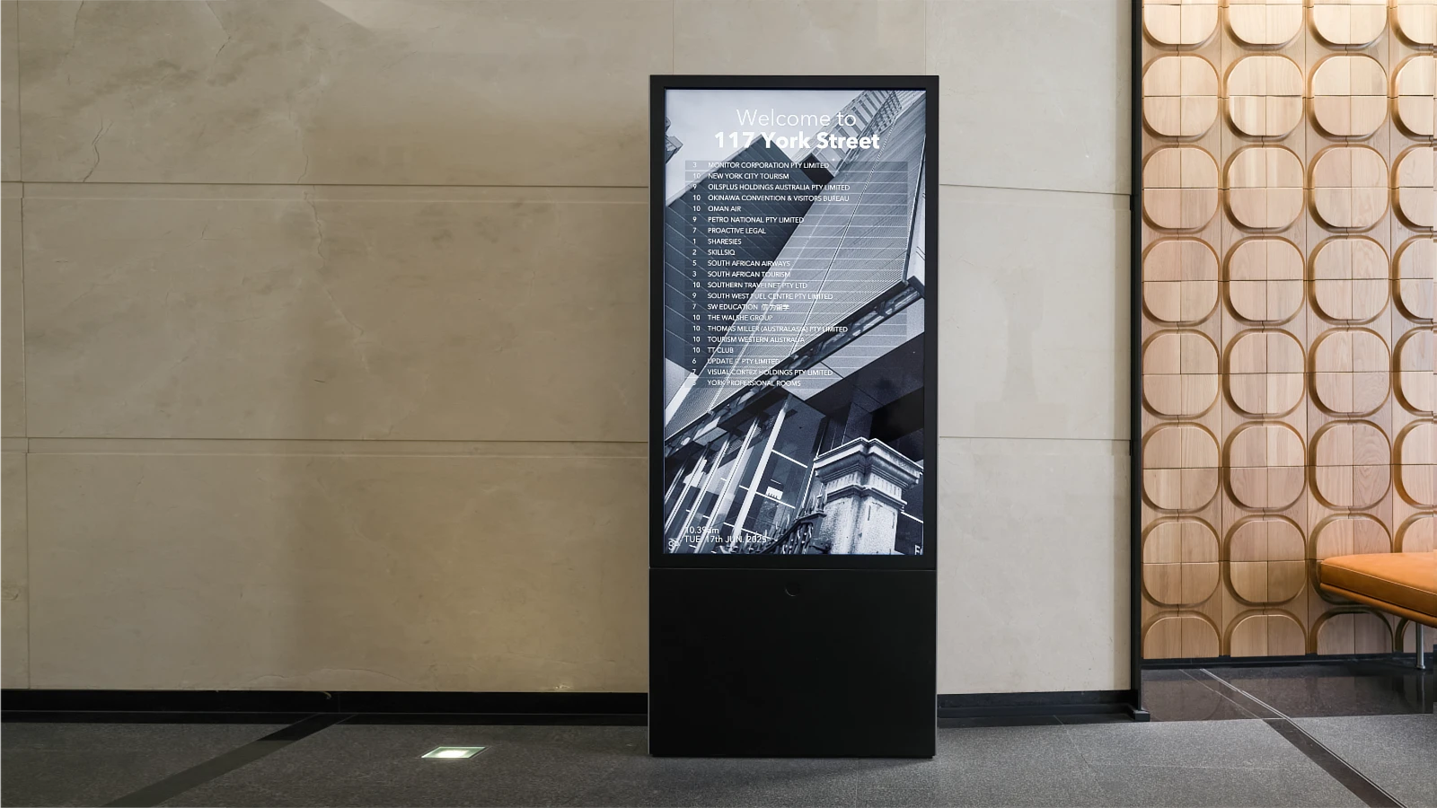 Freestanding Digital Tenant Directory in the modern light filled foyer of 117 York Street Sydney